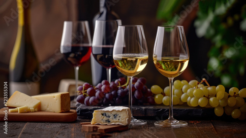  three glasses of wine  cheese  and grapes are sitting on a table next to a bottle of wine and a bottle of wine in the background is a bunch of grapes.