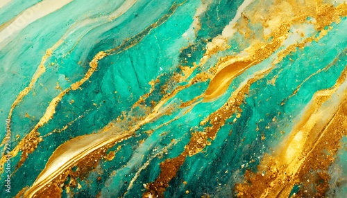 marble texture eastern technique contemporary art golden and turquoise mixed acrylic paints background generative ai