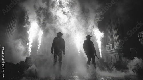  a couple of men standing next to each other in front of a bunch of firecrackers with smoke coming out of the back of the men s heads.