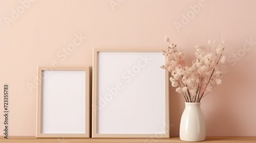 Wooden frames with a white and beige vase with flowers on a white wall. A layout template for your design, text.Vases with flowers in boho style on the table © екатерина лагунова