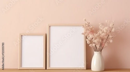 Wooden frames with a white and beige vase with flowers on a white wall. A layout template for your design, text.Vases with flowers in boho style on the table