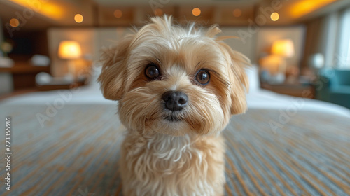 Ein Shih Tzu erobert das Herz mit seinem Blick auf dem kuscheligen Hotelbett