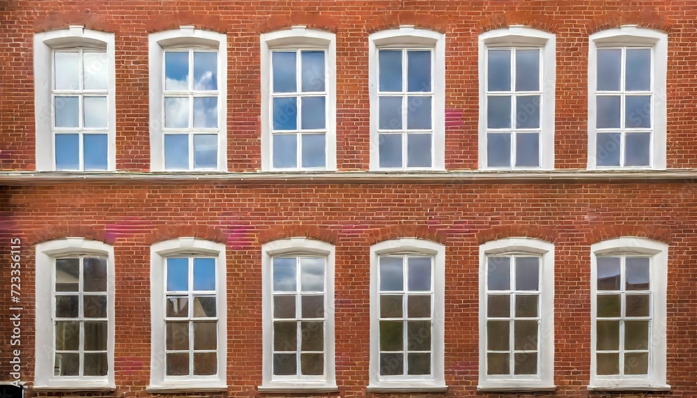 eight windows with white sash and frame on a red brick wall georgian british style