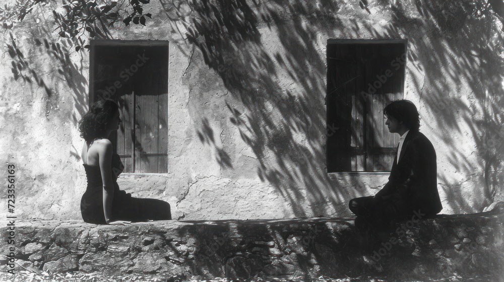  a black and white photo of a man and a woman sitting on a ledge outside of a building with a tree casting a shadow on the side of the building.