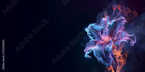 blue purple hibiscus flower made of fire flames on black background.  photo
