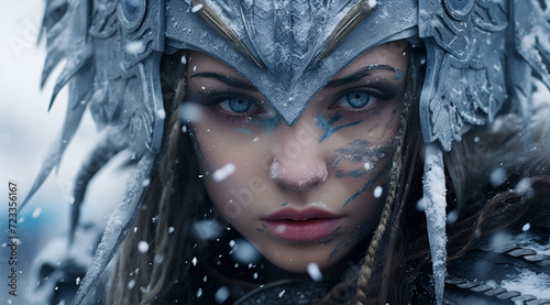 a woman in armor is looking down into the snow, in the style of photorealistic eye, fantasy characters 
