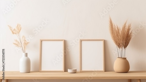 Wooden frames with a white and beige vase with flowers on a white wall. A layout template for your design, text.Vases with flowers in boho style on the table