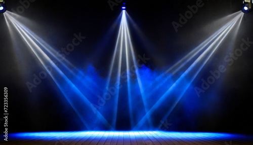illuminated stage with blue lights and smoke on black background