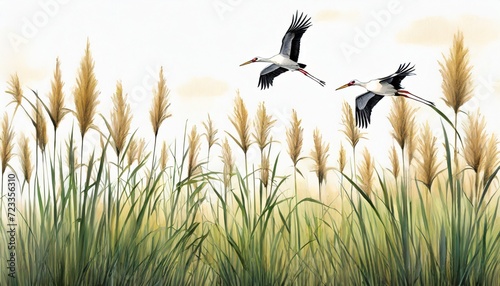 hand drawn reeds with flying storks for interior printing