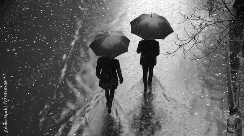  a couple of people holding umbrellas walking down a street in the rain on a rainy day with snow falling on the ground and falling off of the tops of the tops of the umbrellas.