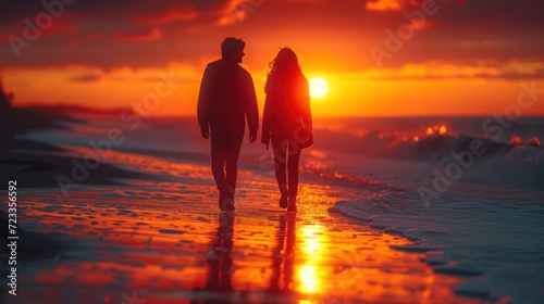  a man and a woman walking on the beach at sunset with the sun setting in the background and the water reflecting the sun's reflection on the wet sand.