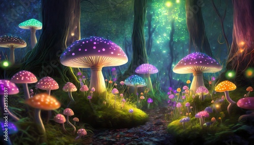 mystical forest of colorful glowing mushrooms