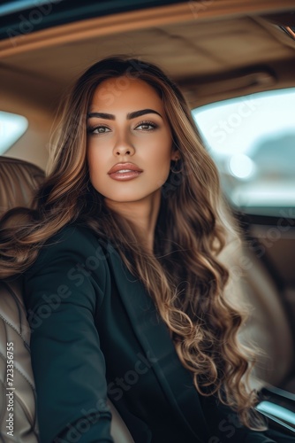 A business woman is sitting on the back seat of a luxury car © piai