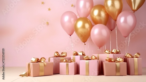 Gold and pink gift boxes and balloons for Valentine's day, birthday or Christmas on pink background, holiday concept