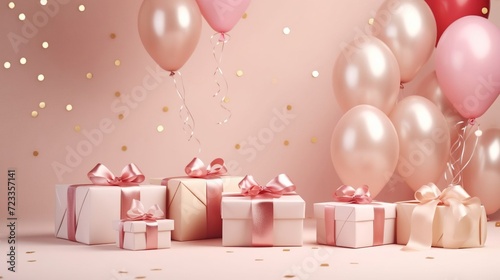 Gold and pink gift boxes and balloons for Valentine's day, birthday or Christmas on pink background, holiday concept © екатерина лагунова
