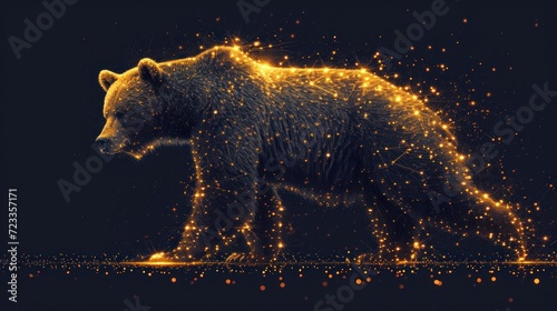  a large brown bear standing in the middle of a night filled with stars and a bright yellow light shining on it's back end of it's body. photo
