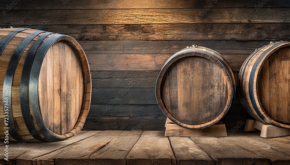 rustic barrels for beverage in a dark wine cellar wooden empty surfaces for copy space mockup template for design of beer wine alcohol products vintage retro style background
