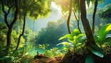 tropical rainforest landscape forest scenic with jungle tree in green nature beautiful wild wood foliage plant over the mountain leaf with rain water environment park background for travel