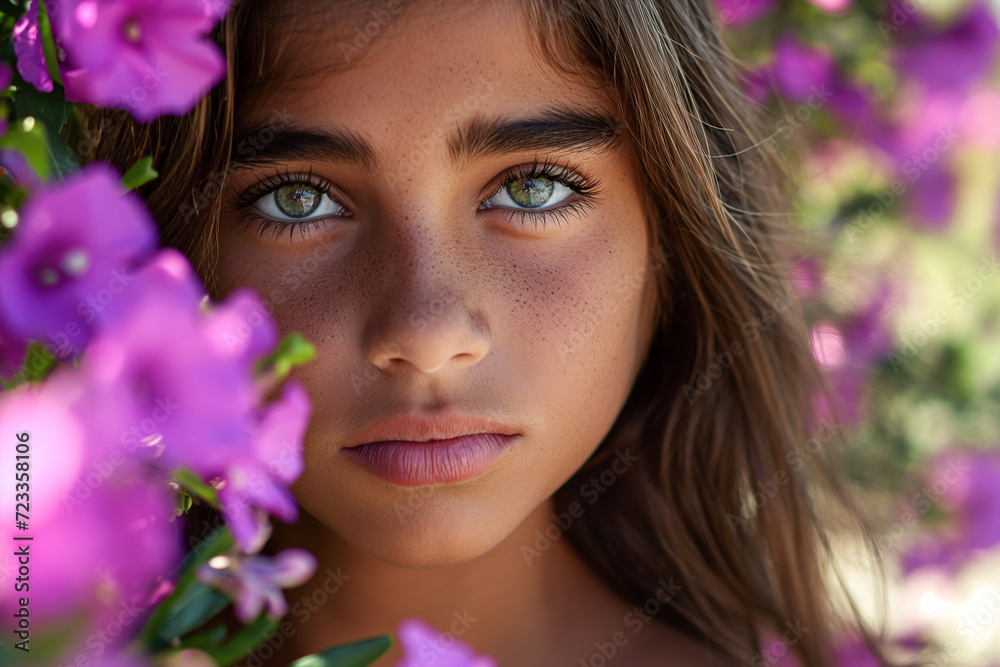 Girl with Blue Eyes Amidst Purple Flowers Girl with Blue Eyes Amidst Purple Flowers