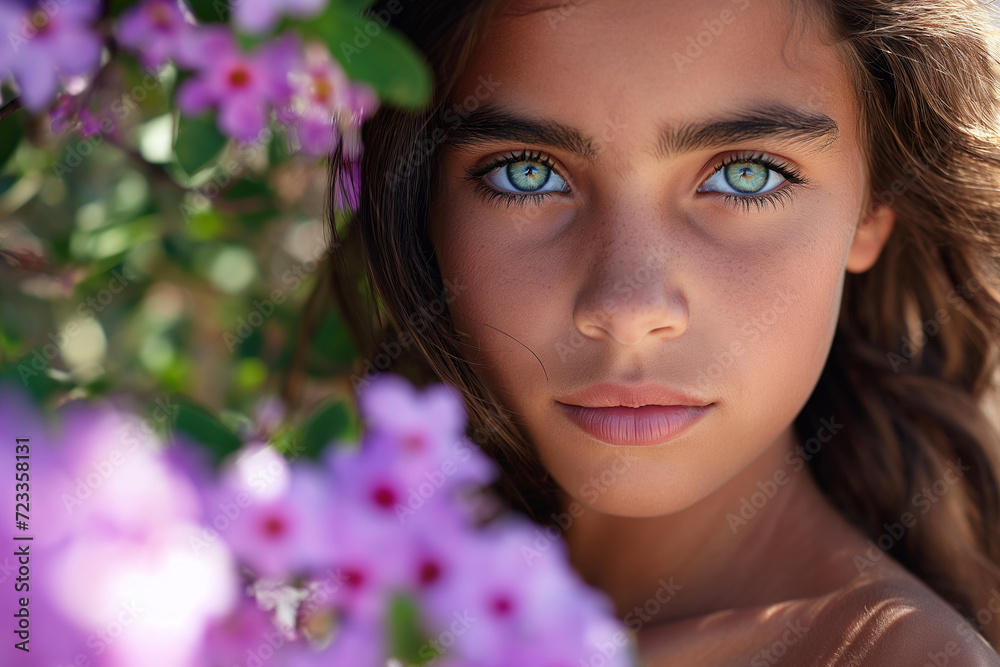 Girl with Blue Eyes Amidst Purple Flowers Girl with Blue Eyes Amidst Purple Flowers