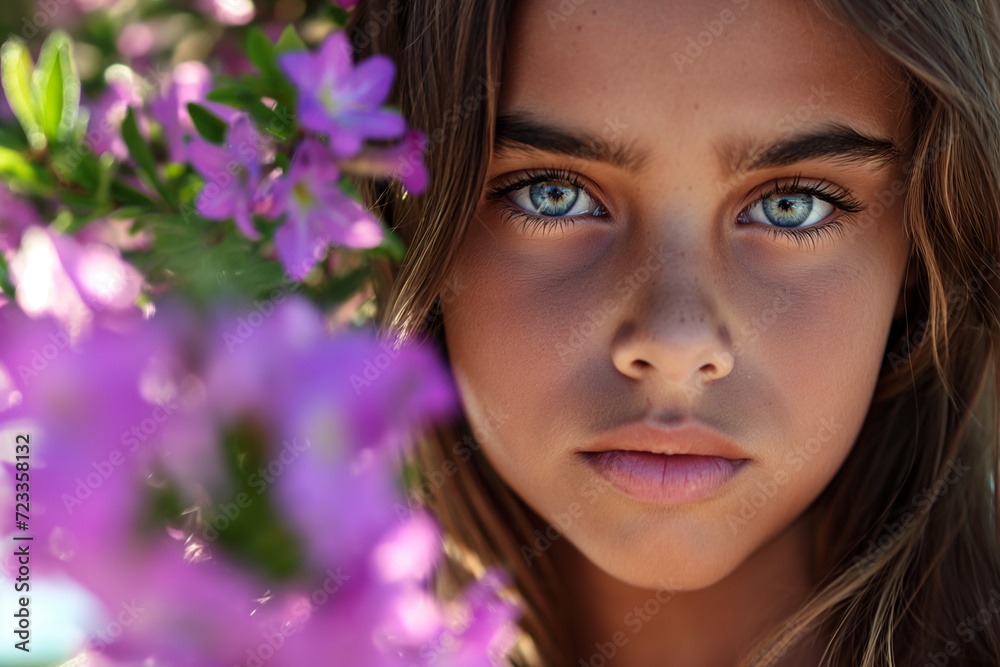 Girl with Blue Eyes Amidst Purple Flowers Girl with Blue Eyes Amidst Purple Flowers