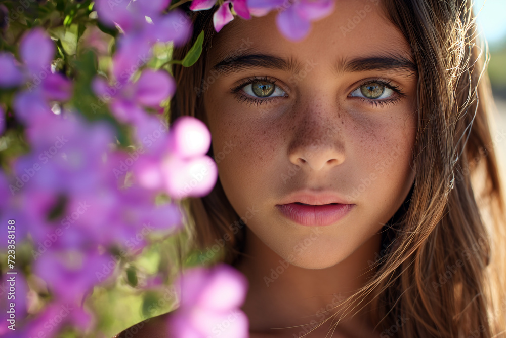 Girl with Blue Eyes Amidst Purple Flowers