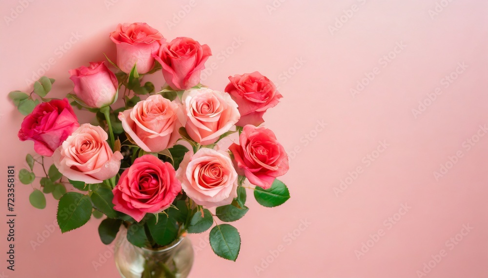 photography of a a bunch of pink red roses on a pink pastel background