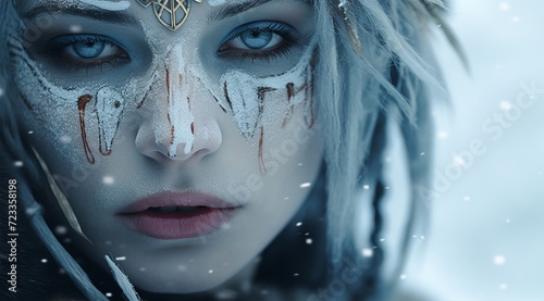 a woman in armor is looking down into the snow, in the style of photorealistic eye, fantasy characters  © Xabi