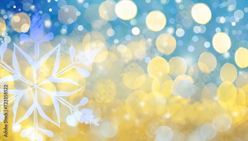 blue white and yellow art deco snowflake banner with blurred bokeh lights background