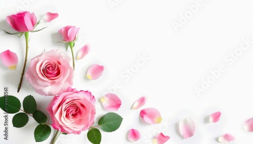 decorative web banner close up of blooming pink roses flowers and petals isolated on white table background floral frame composition empty space flat lay top view