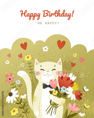 Happy Birthday Card with happy cat and flowers.