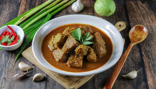 rendang or randang is the most delicious food in the world made from beef stew and coconut milk with various herbs and sice typically food from minang tribe west sumatera indonesia