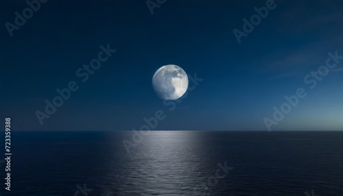 full moon rising over empty ocean at night with copy space
