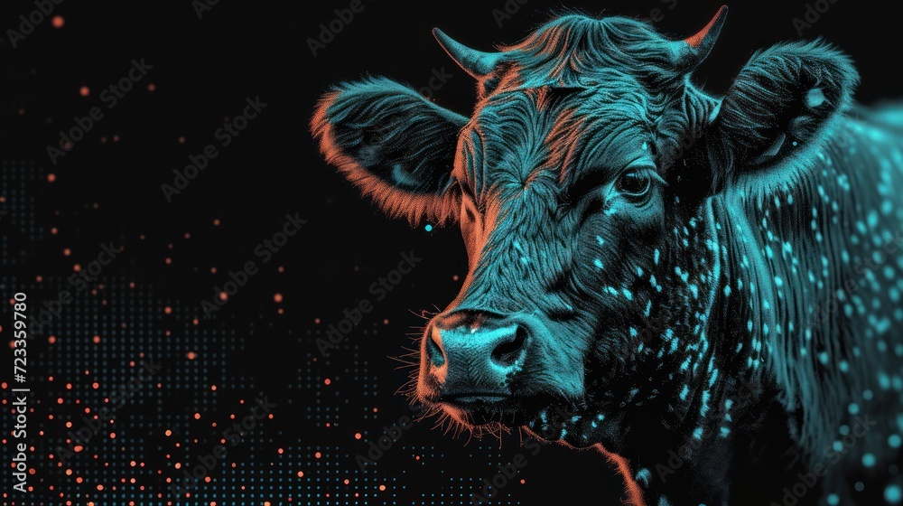 a close up of a cow with spots on it's face and a black background with a red spot in the middle of the cow's ear and a blue spot in the middle of the cow's ear. a close up of a cow with spots on it's face and a black background with a red spot in the middle of the cow's ear and a blue spot in the middle of the cow's ear.