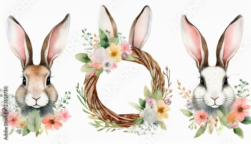 hand drawn watercolor happy easter set with bunnies head and flral wreath design rabbit bohemian style buny isolated boho illustration on white photo