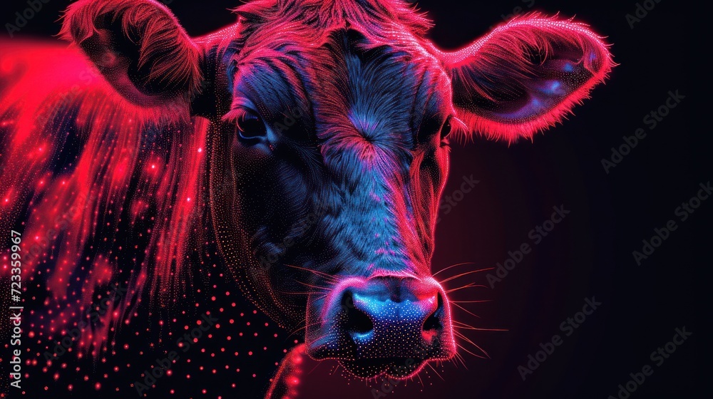  a close up of a cow's face with a red and blue light shining on the cow's face and behind it is a red and black background.