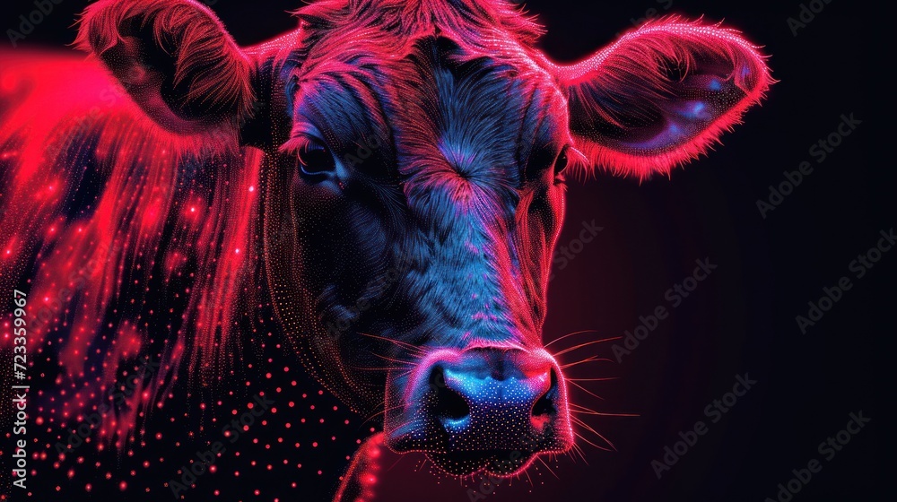 a close up of a cow's face with a red and blue light shining on the cow's face and behind it is a red and black background. a close up of a cow's face with a red and blue light shining on the cow's face and behind it is a red and black background.