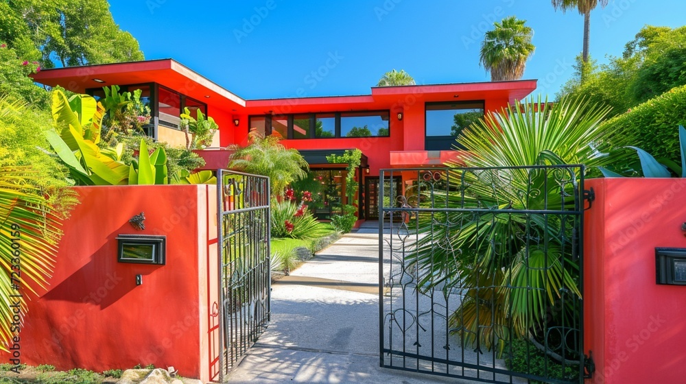 A state-of-the-art house in a bright coral red, next to a compact backyard. Its wrought iron gate displays modern sophistication, in the crisp, refreshing morning air
