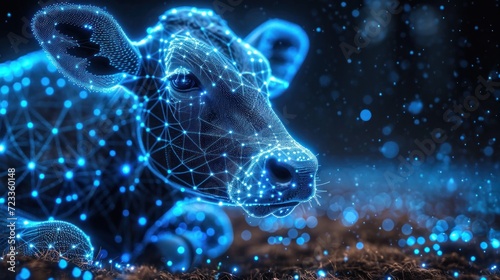  a close up of a cow with a lot of dots on it's face and a string of lights around its neck, in front of a dark background.