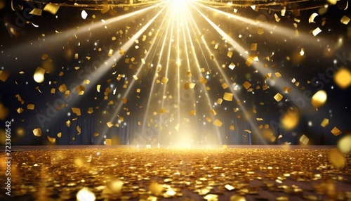 golden confetti shower cascading onto a festive stage illuminated by a central light beam mockup for events such as award ceremonies jubilees new year s parties or product presentations photo
