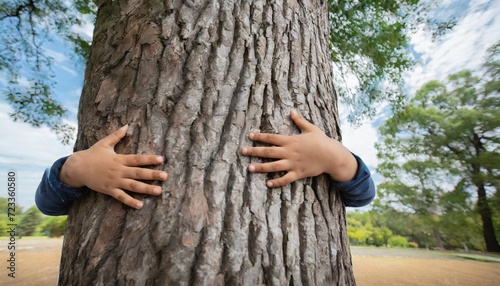 nature lover close up of child hands hugging tree with copy space