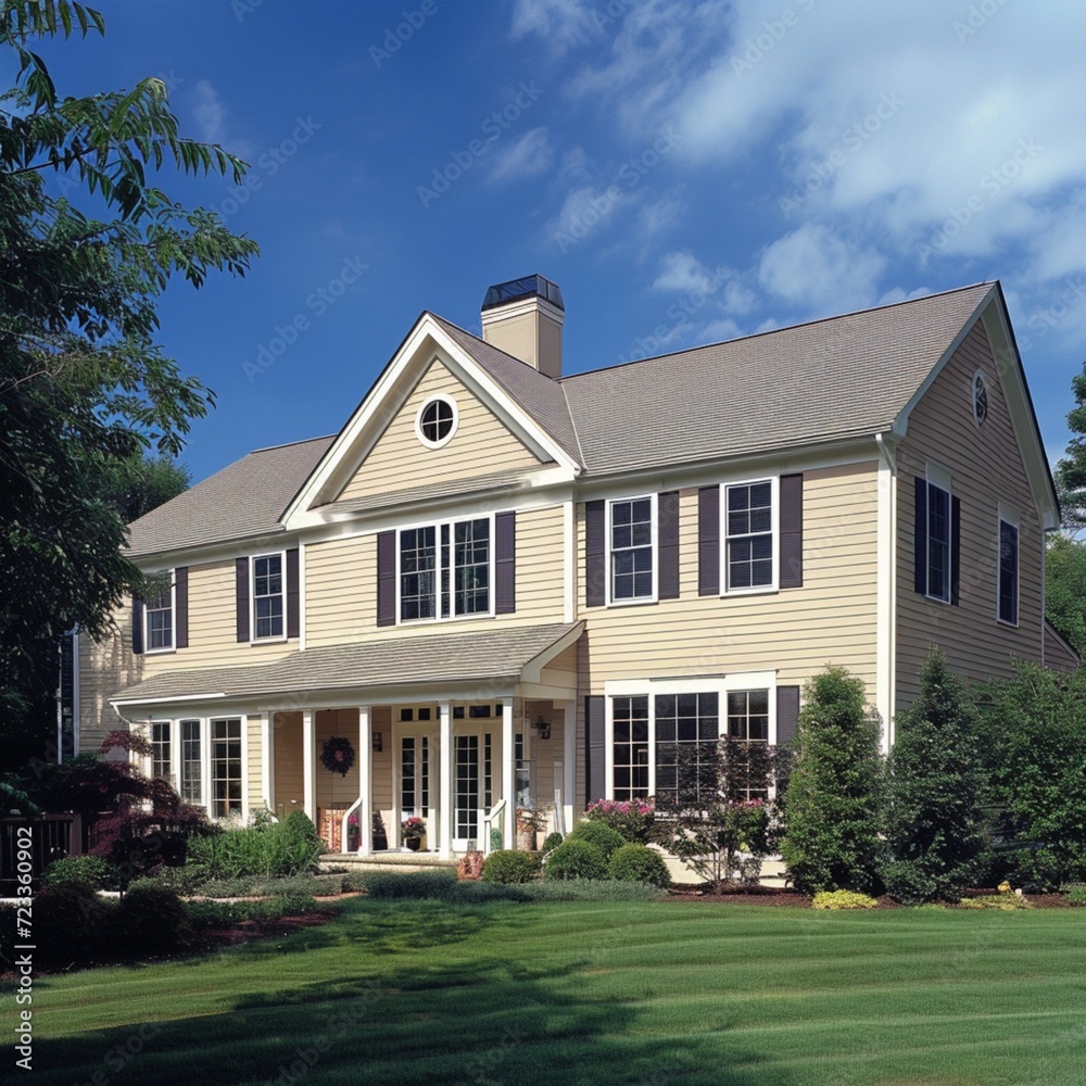 A warm sand-colored house with siding, perched on a spacious lot in a suburban area. Traditional windows and shutters enhance its beauty, captured in a 169
