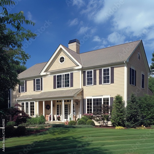 A warm sand-colored house with siding  perched on a spacious lot in a suburban area. Traditional windows and shutters enhance its beauty  captured in a 169