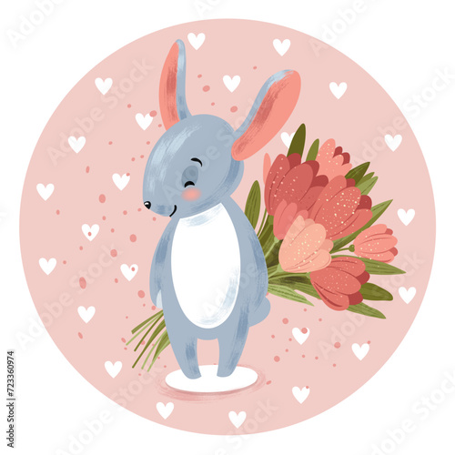 Cute rabbit with bouquet of tulips . Vector illustration
