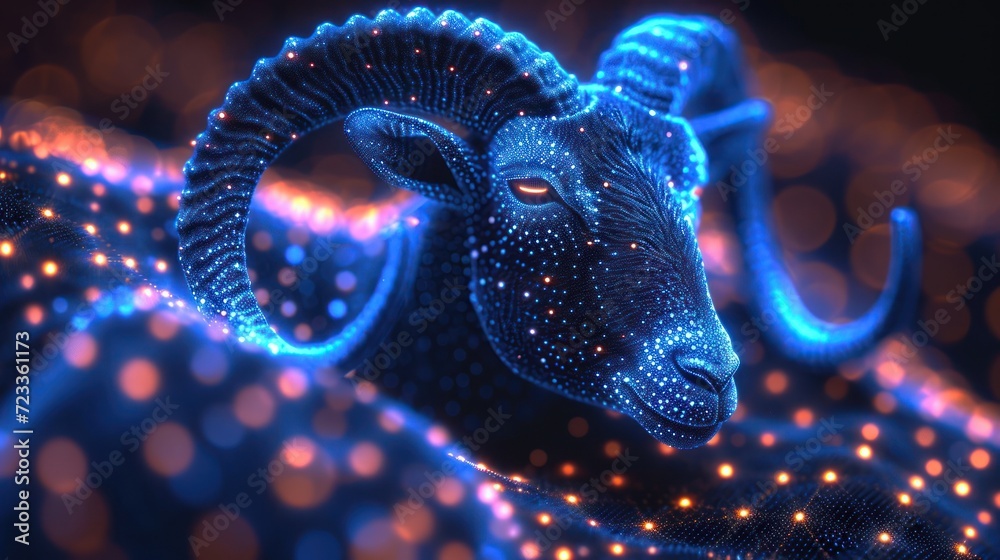  a close up of a ram with a lot of dots on it's face and a string of lights around it's neck and it's neck. - obrazy, fototapety, plakaty 