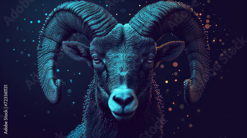  a close up of a ram's head on a black background with blue and gold circles around it and a black background with a blue circle around the ram's head.
