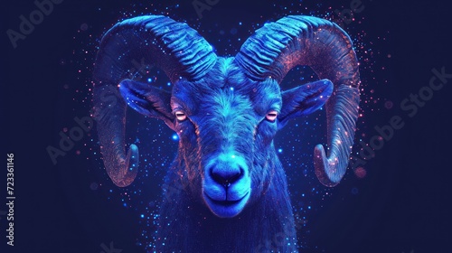  a close up of a goat's head with blue and red lights on it's face and a black background with circles around the goat's horns.