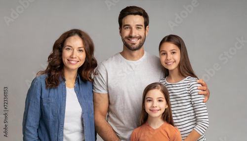 Portrait of happy family father, mother and kids isolated on simple gray background