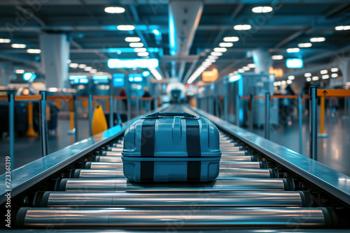 An automated conveyor belt line moves suitcases for inspection at airport AI Generation photo