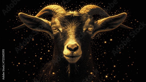  a close up of a goat's face on a black background with gold stars in the middle of the image and in the middle of the goat's head is a goat's horns. photo